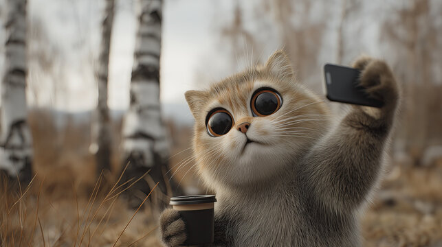 Curious cat with big eyes holding coffee cup and taking selfie in birch forest, whimsical mood