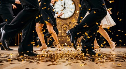 Elegant dancers celebrating amidst a shower of golden confetti at a festive party with a grand
