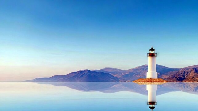 A solitary white lighthouse stands on a small, rocky island in the middle of calm, reflective water, with distant mountains under a clear blue sky.