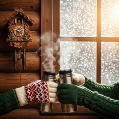 Warm winter embrace with steaming thermoses and cozy mittens by a snowy window inside a rustic log