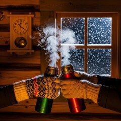 Cozy Winter Toast with Steaming Thermoses by a Snowy Window and Rustic Clock for Warmth