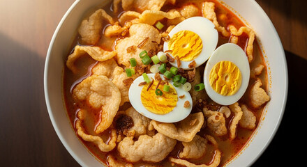 Seblak Kerupuk with Boiled Egg: Spicy Indonesian Snack with Crispy Crackers and Fresh Toppings