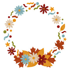 Round flower wreath, frame with simple flowers, leaves, and confetti, painted in autumn colors with watercolors. Festive autumn template with round copy space in flat style and pastel colors. Clip art