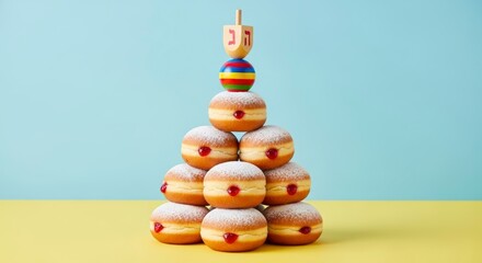 A festive tower of powdered jelly-filled sufganiyot topped with a colorful dreidel for Hanukkah