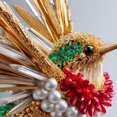 Obraz premium A detailed close-up of a hummingbird sculpture made of precious materials like gold, emeralds, pearls, and red gemstones.