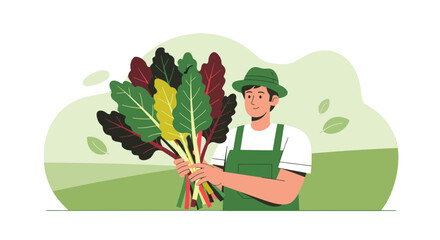 Fototapeta premium Farmer Smiling Holding Fresh Colorful Harvest of Swiss Chard Against a Black Background
