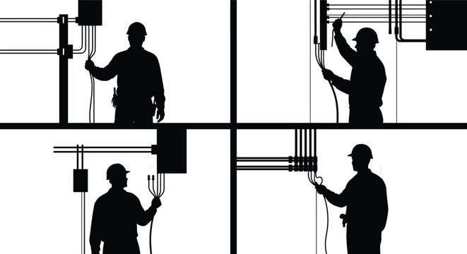 Silhouette electricians working on wiring installation and electrical panels in industrial building interior, professional construction maintenance service, 