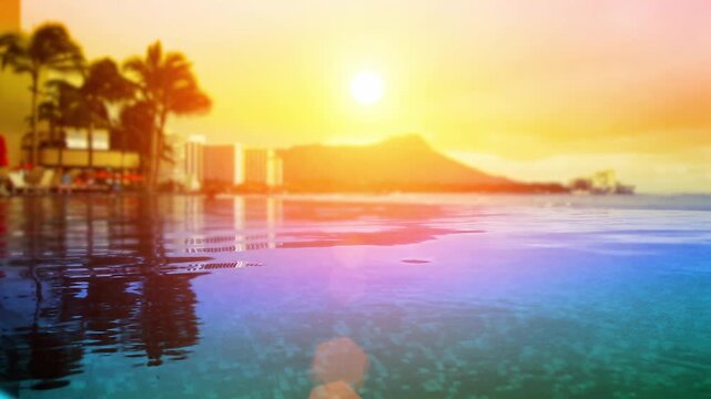 Waikiki Sunset with Diamond Head Reflection in Resort Pool 4K Loop