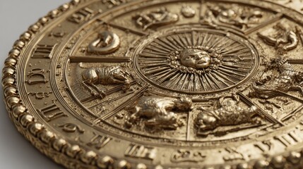 Intricate Gold Zodiacal Medallion with Symbolic Celestial Engravings Depicted