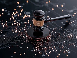 A gavel rests on a dark circuit board illuminated by numerous small, glowing lights, symbolizing digital law and technology.