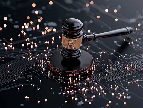 A gavel rests on a dark circuit board illuminated by numerous small, glowing lights, symbolizing digital law and technology.