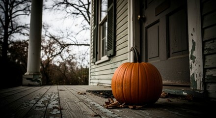 Rustic autumn pumpkin on a weathered porch of an old house embodying a classic Halloween aesthetic