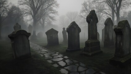 Eerie graveyard scene with fog and tombstones in black and white.