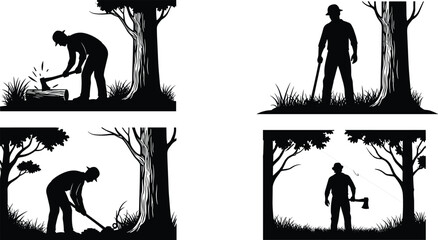 Silhouette illustration of lumberjacks cutting trees with axes and tools in forest environment, depicting woodcutting, logging activities, outdoor labor, forestry work scene, vector graphic design