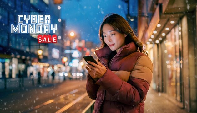 Cyber monday sale banner design concept. Young beautiful woman using mobile phone at dusk in the city on a winter day. 