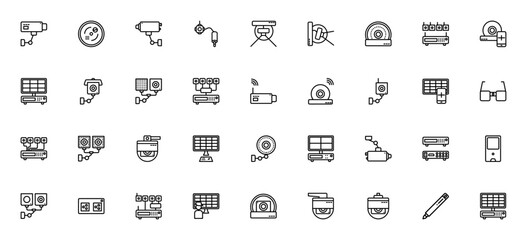 CCTV security icon set. Vector surveillance symbols ack. Includes spy camera, ome, DVR, monitor, infrare, wireless, security syste and more.