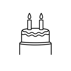 Simple outline drawing of a two tiered birthday cake with two lit candles