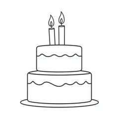 Simple line drawing of a two tier birthday cake with candles