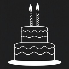 Simple two tier birthday cake with two lit candles on black background