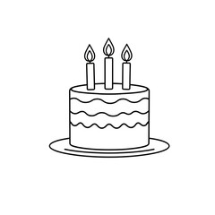 Simple hand drawn outline of a birthday cake with three candles