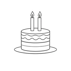 Simple black and white line drawing of a two layer birthday cake with two candles