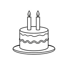 Simple outline drawing of a two tier birthday cake with two lit candles