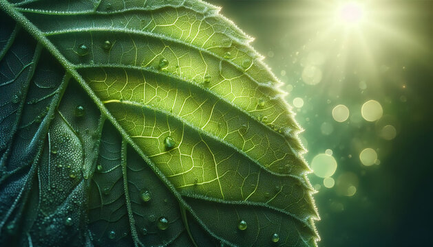 Stunning close-up of vibrant green leaf glistening with morning dew in radiant sunlight, perfect for nature-inspired designs and wellness campaigns