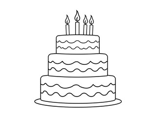 Simple outline drawing of a three tier birthday cake with candles