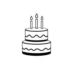Simple line drawing of a two tiered birthday cake with three candles