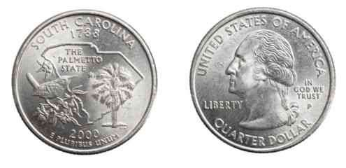 quarter of a US dollar coin isolated on white background