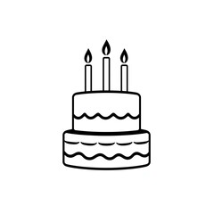 Simple hand drawn outline of a two tiered birthday cake with three lit candles