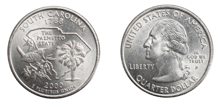 quarter of a US dollar coin isolated on white background