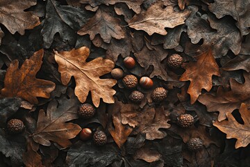 Autumn forest floor with oak leaves and acorns