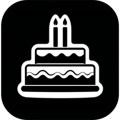 Simple black and white icon of a two tiered birthday cake with candles