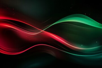 Abstract red and green swirling light waves on black background