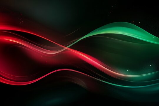 Abstract red and green swirling light waves on black background - Powered by Adobe