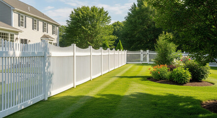 Fototapeta premium white vinyl fence in a well-maintained backyard