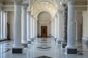 Grand hallway with ornate columns and marble flooring