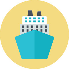 Stylized Cruise Ship Front View in Teal Blue and White with Yellow Circle Background Vector Illustration