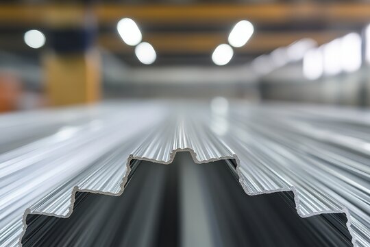 Industrial metal beams stacked in a warehouse with overhead lighting