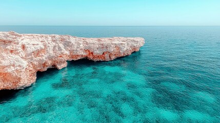 A scenic view of a rocky cliff face jutting into the bright turquoise ocean, with clear water revealing the seabed below.