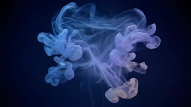 Smooth blue jellyfish shapes flow through the dark sea like swirling smoke patterns and soft fire flames in a motion of light and water
