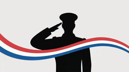 Minimalist flat vector soldier silhouette saluting with tricolor ribbon for army day celebration