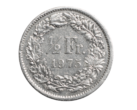 half Swiss Franc coin isolated on white background