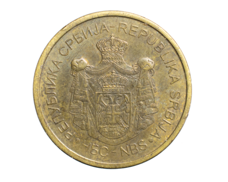 Serbian two dinar coin isolated on white background