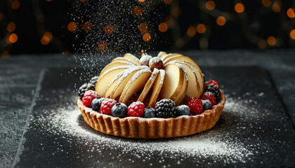 Holiday fruit tart topped with sliced pears and fresh berries
