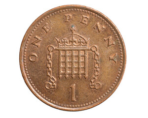 one penny coin on a white background