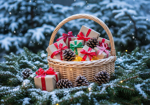 Festive wicker basket filled with christmas presents and pine cones in a snowy winter forest