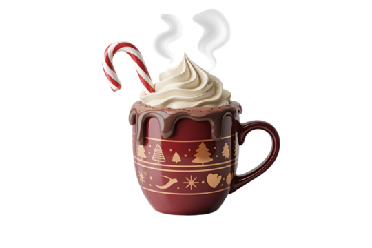 Festive hot chocolate with whipped cream and candy cane isolated on transparent background - Powered by Adobe