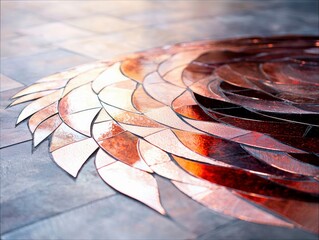 A close-up shot of a metallic mosaic composed of iridescent, scale-like tiles in warm copper and bronze tones, arranged in a sweeping curve.